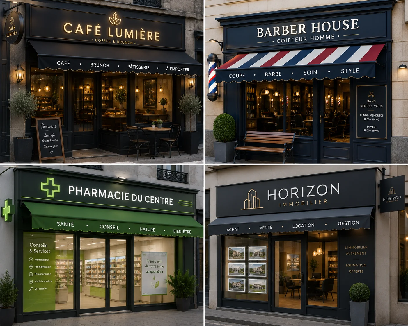 Store banne personnalisé avec lambrequin pour restaurant